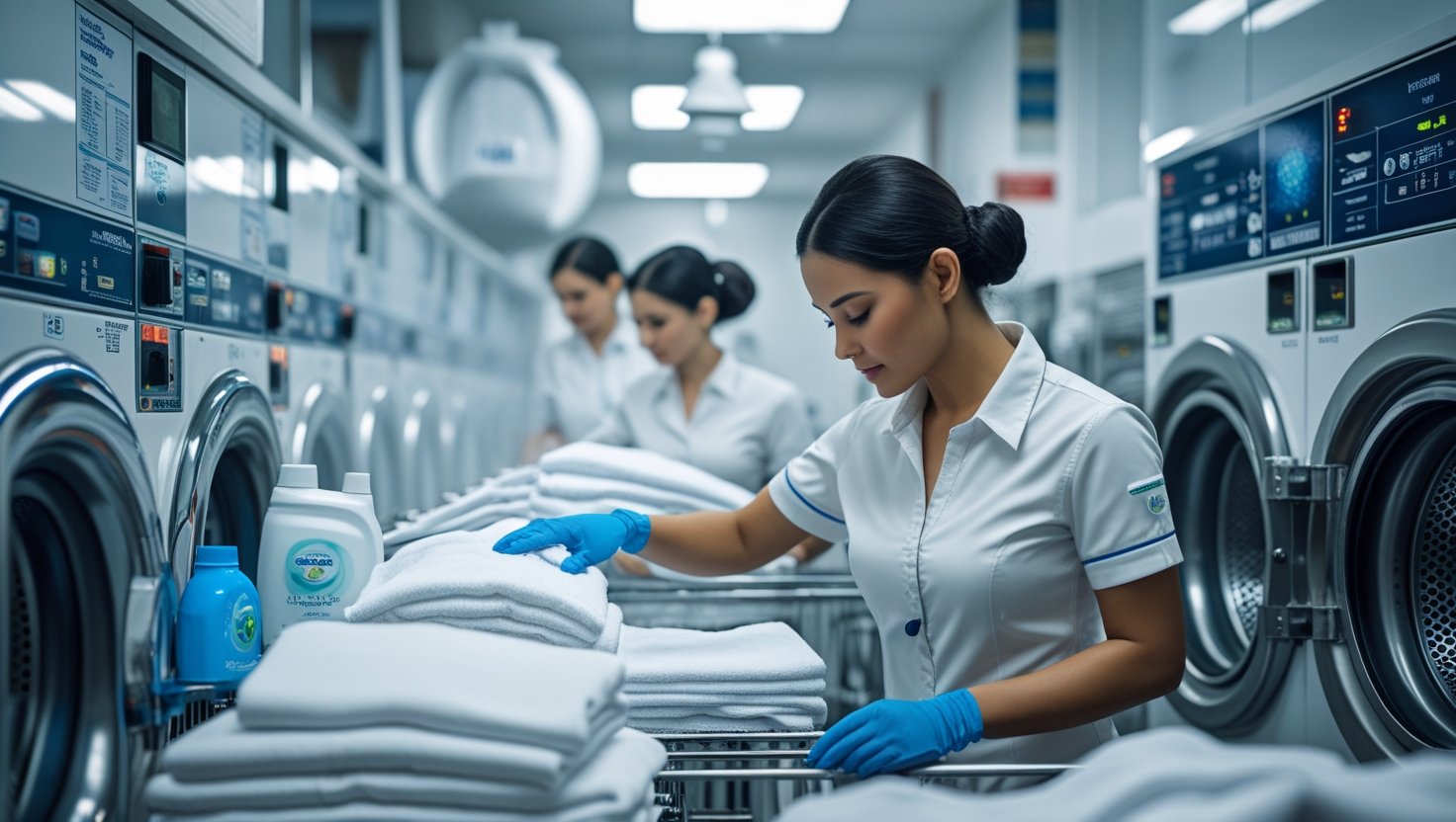 Petugas laundry mencuci pakaian dengan mesin cuci modern.